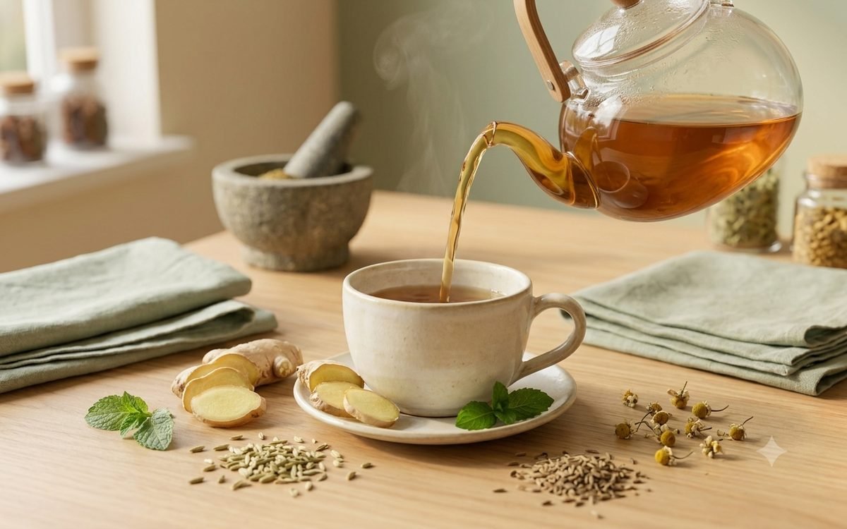 Herbal digestive tea with ginger and fennel
